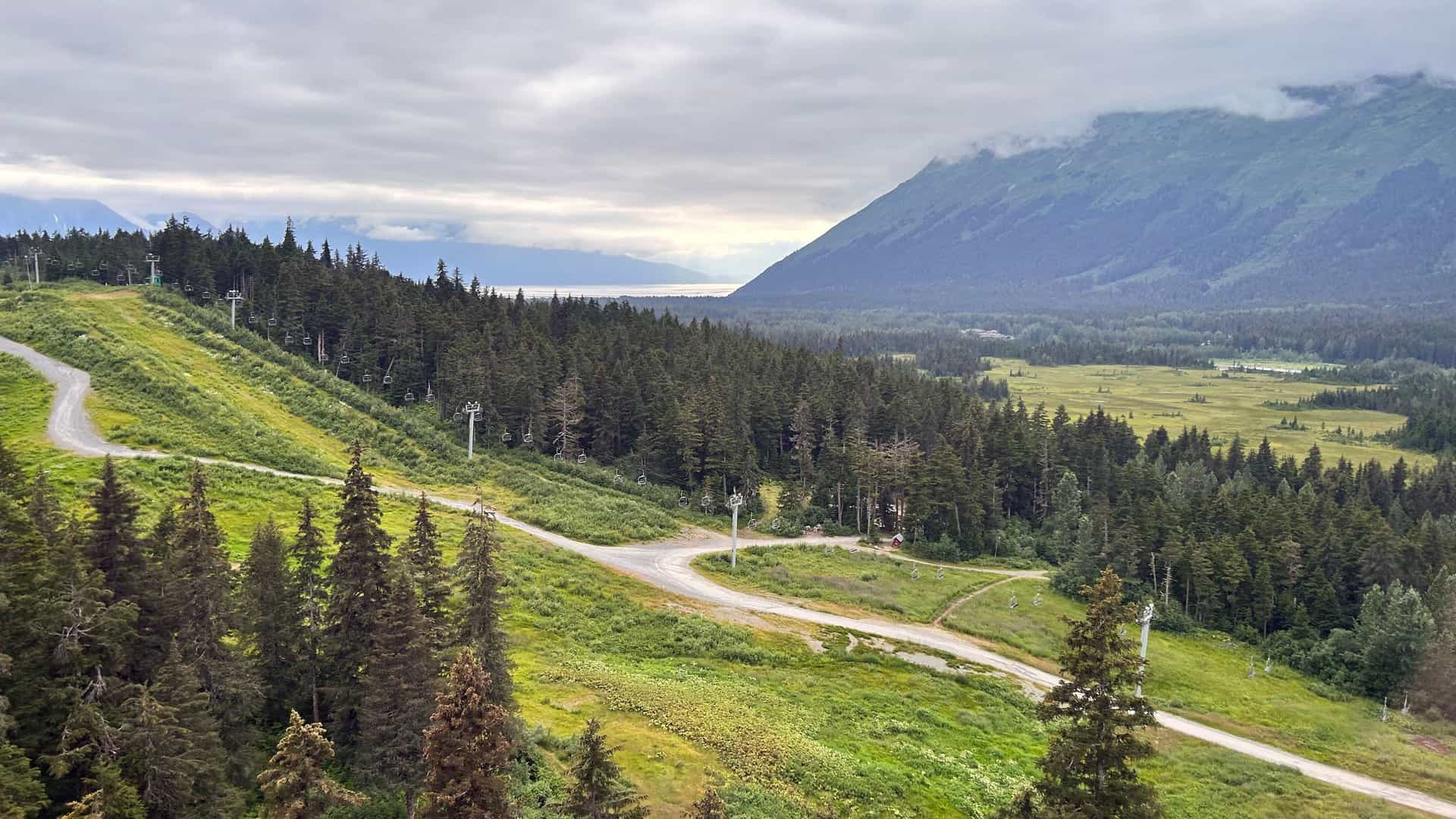 "A high-angle view of the scenic landscape of Girdwood, Alaska, with ski slopes covered in green grass in the foreground, and a dense forest leading to a wide river valley with mountains shrouded in mist. "