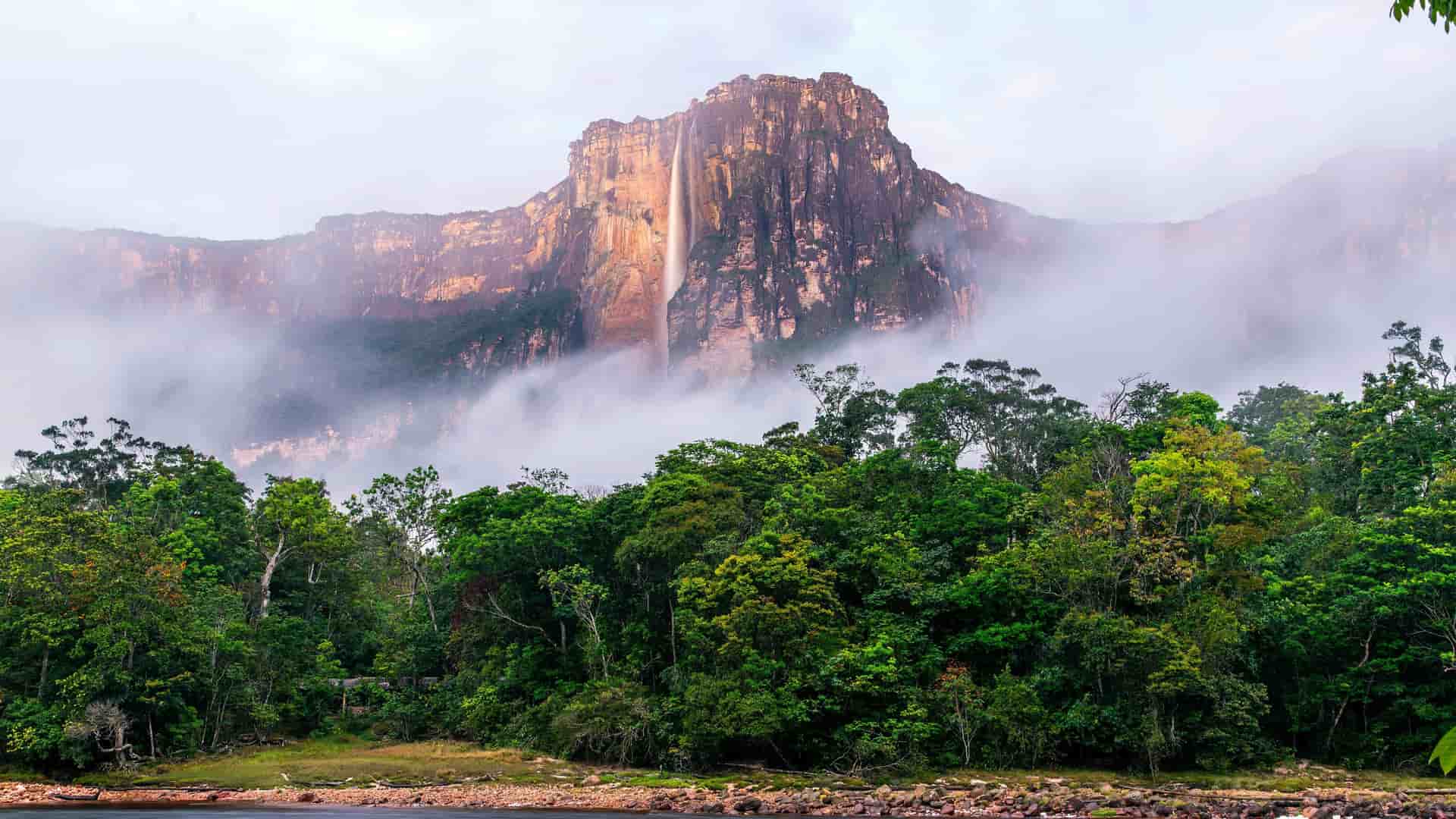A breathtaking view of the world's tallest waterfall, Angel Falls, cascading down a towering Auyán-tepui cliff face in Venezuela's lush Canaima National Park, surrounded by dense jungle.