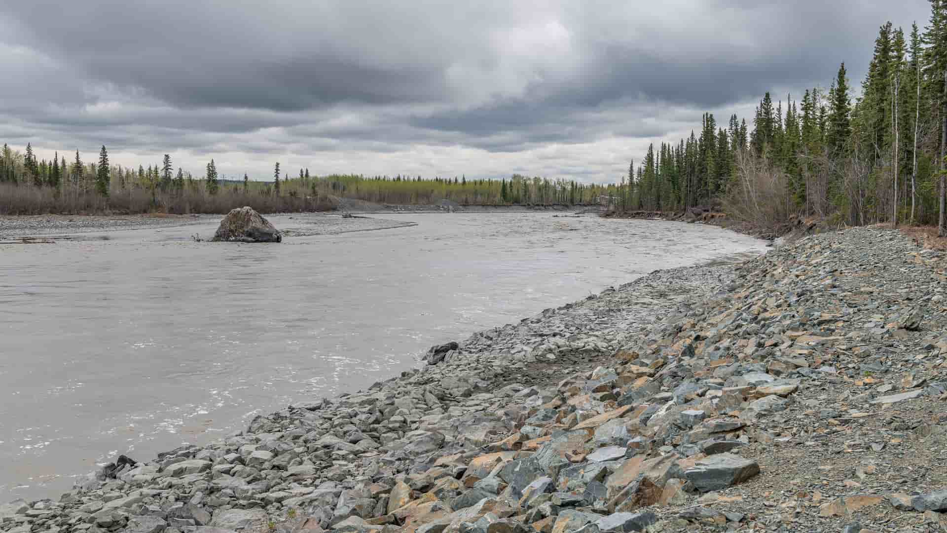 "A view of the wide, gray-colored Copper River in Alaska, with a rocky shore and evergreen trees lining the banks under a dramatic, cloudy sky. "