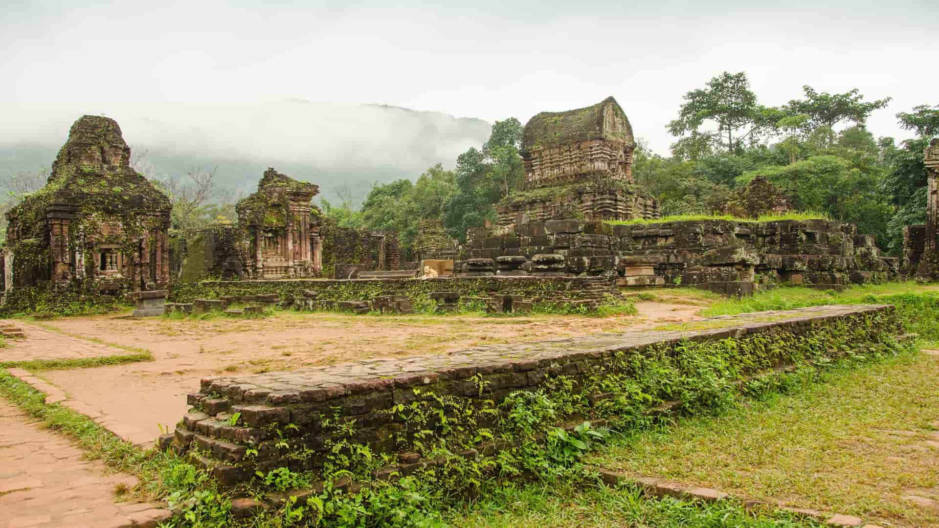 Moss-covered ancient Champa temples and brick structures stand amidst a lush jungle landscape at the My Son Sanctuary near Da Nang, Vietnam.