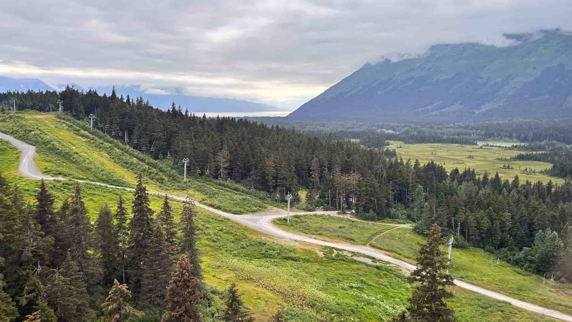 "A high-angle view of the scenic landscape of Girdwood, Alaska, with ski slopes covered in green grass in the foreground, and a dense forest leading to a wide river valley with mountains shrouded in mist.  "