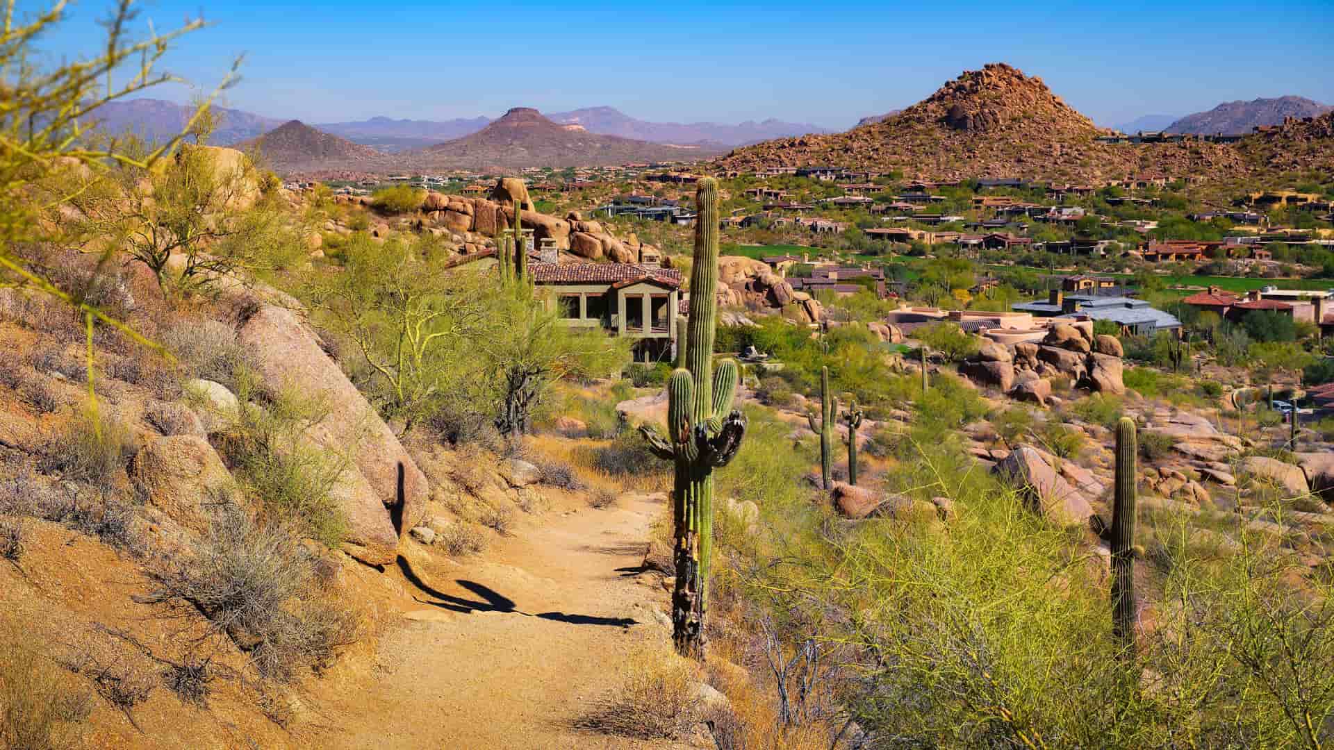 "A panoramic view of the Sonoran Desert landscape in Scottsdale, Arizona, with a hiking trail in the foreground, saguaro cacti, and luxury homes nestled in the hills.  "