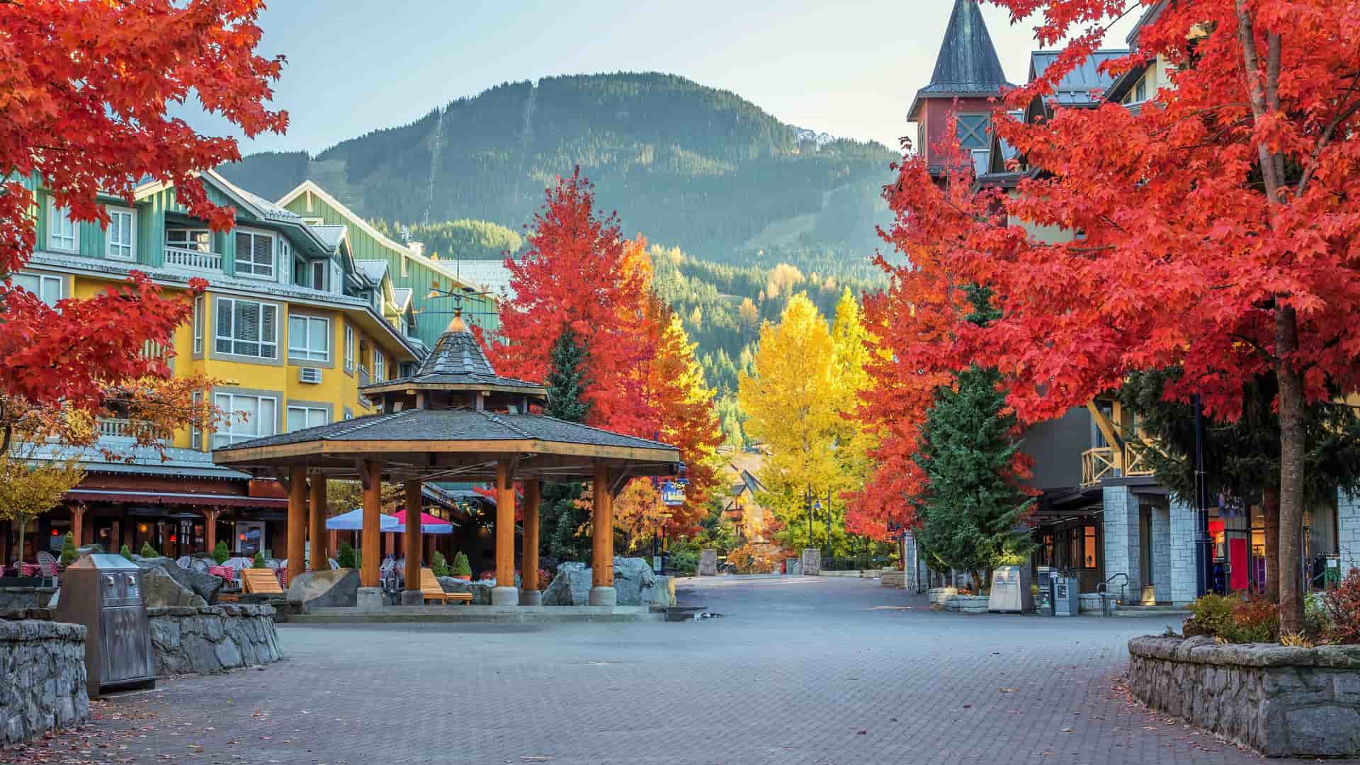 "A scenic view of Whistler Village Square in autumn, with colorful buildings, a central gazebo, and trees with vibrant red and yellow foliage against a backdrop of mountains.  "