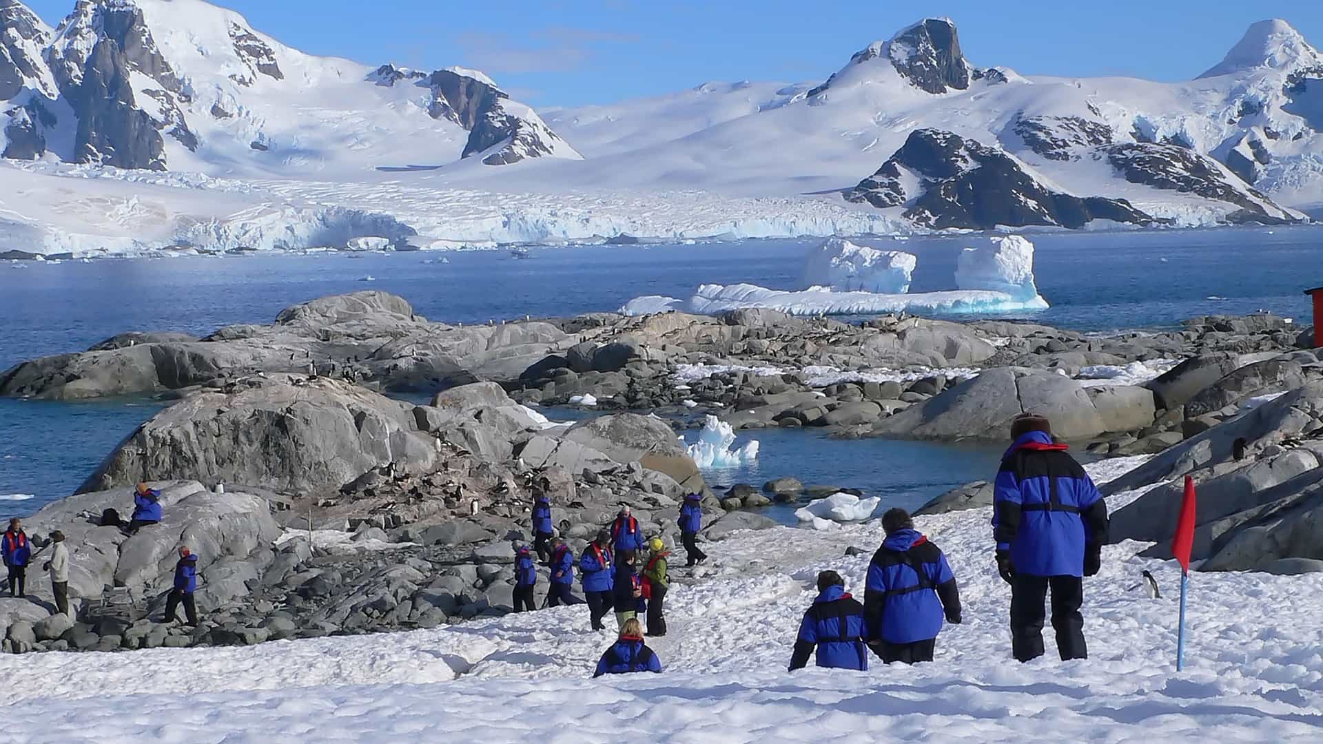 Tourists in blue jackets disembark from a cruise ship onto a snowy shoreline in Antarctica. They are exploring a rocky landscape dotted with penguins and small bodies of water. In the background, a massive glacier and imposing, snow-covered mountains rise under a clear, blue sky. The image captures the scene of an Antarctic expedition, showing people experiencing the majestic, frozen landscape.