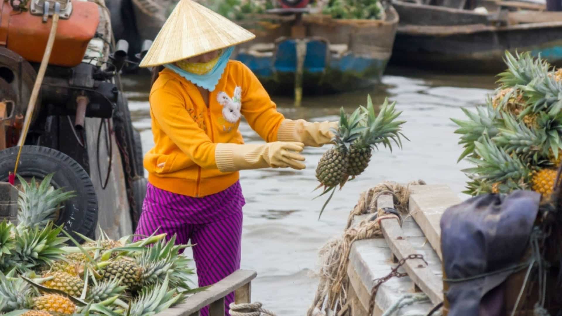 A vibrant scene at a floating market in the Mekong Delta, a key feature of the Southeast Asian river region. A woman wearing a traditional conical straw hat and a bright orange hoodie is handling pineapples on a boat. She is surrounded by a large pile of fresh pineapples, showcasing the commerce and daily life on the river. In the background, other boats are visible, highlighting the bustling nature of the market.