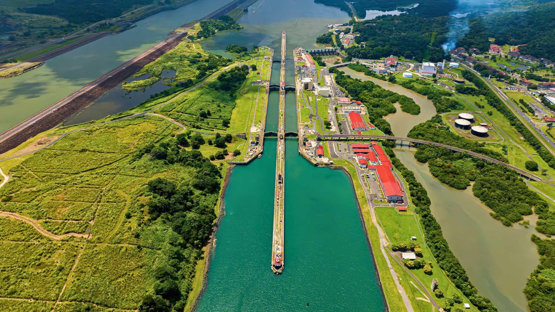 Azamara Cruises: Panama Canal - aerial view, ship transiting locks, Central America waterway.