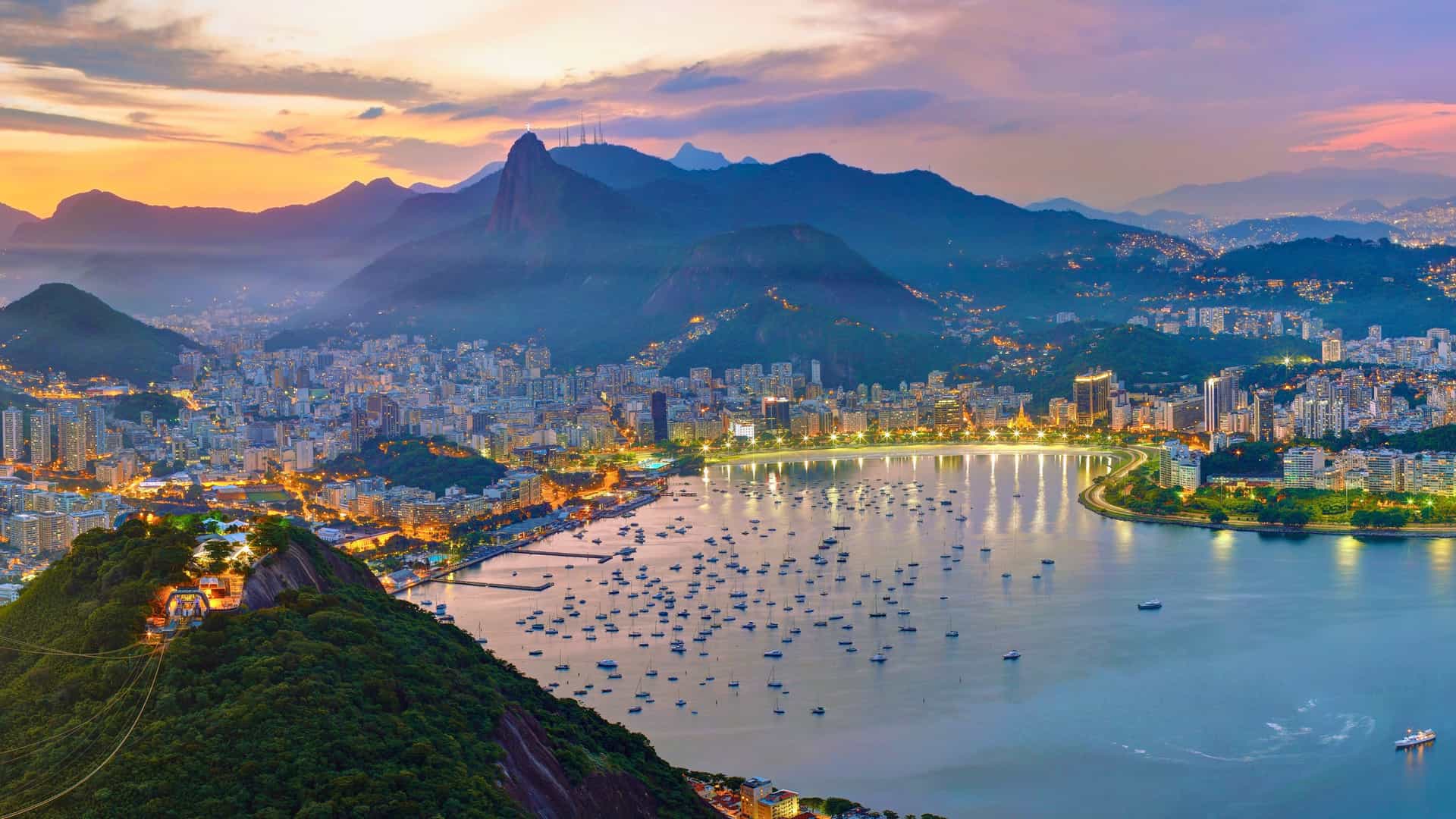 Azamara Cruises: Rio de Janeiro, Brazil - panoramic evening view, Sugarloaf Mountain, Botafogo Bay, South America.