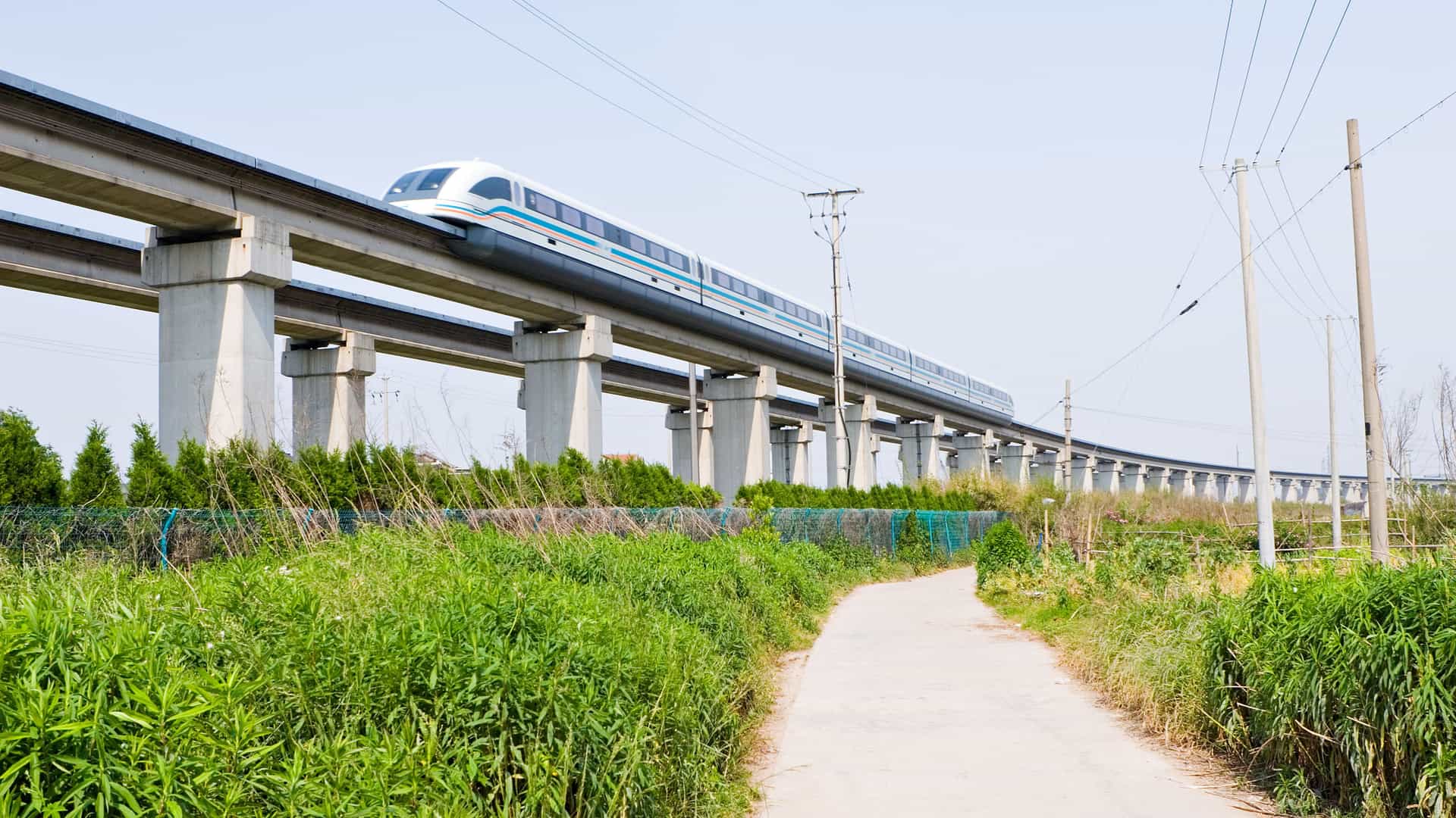 The Shanghai Maglev train, a high-speed magnetic levitation train in China, is shown as it moves along its elevated track. The sleek, white and blue train is visible in the distance, gliding smoothly above a series of concrete pillars. A paved path and green, grassy fields line the ground below. The sky is a clear, light blue. The image highlights the country's modern infrastructure and technological advancements in the China region.