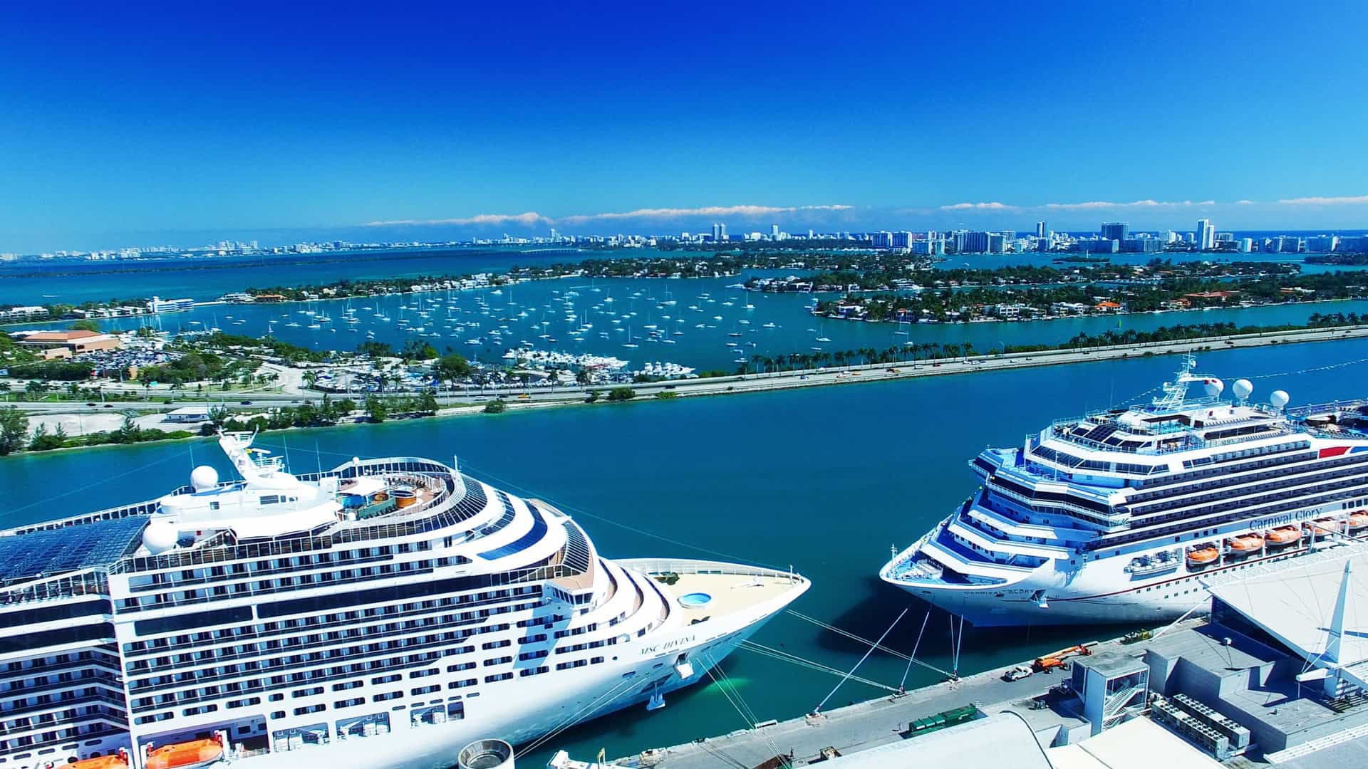 Cruise ships in Miami passenger cruise port.