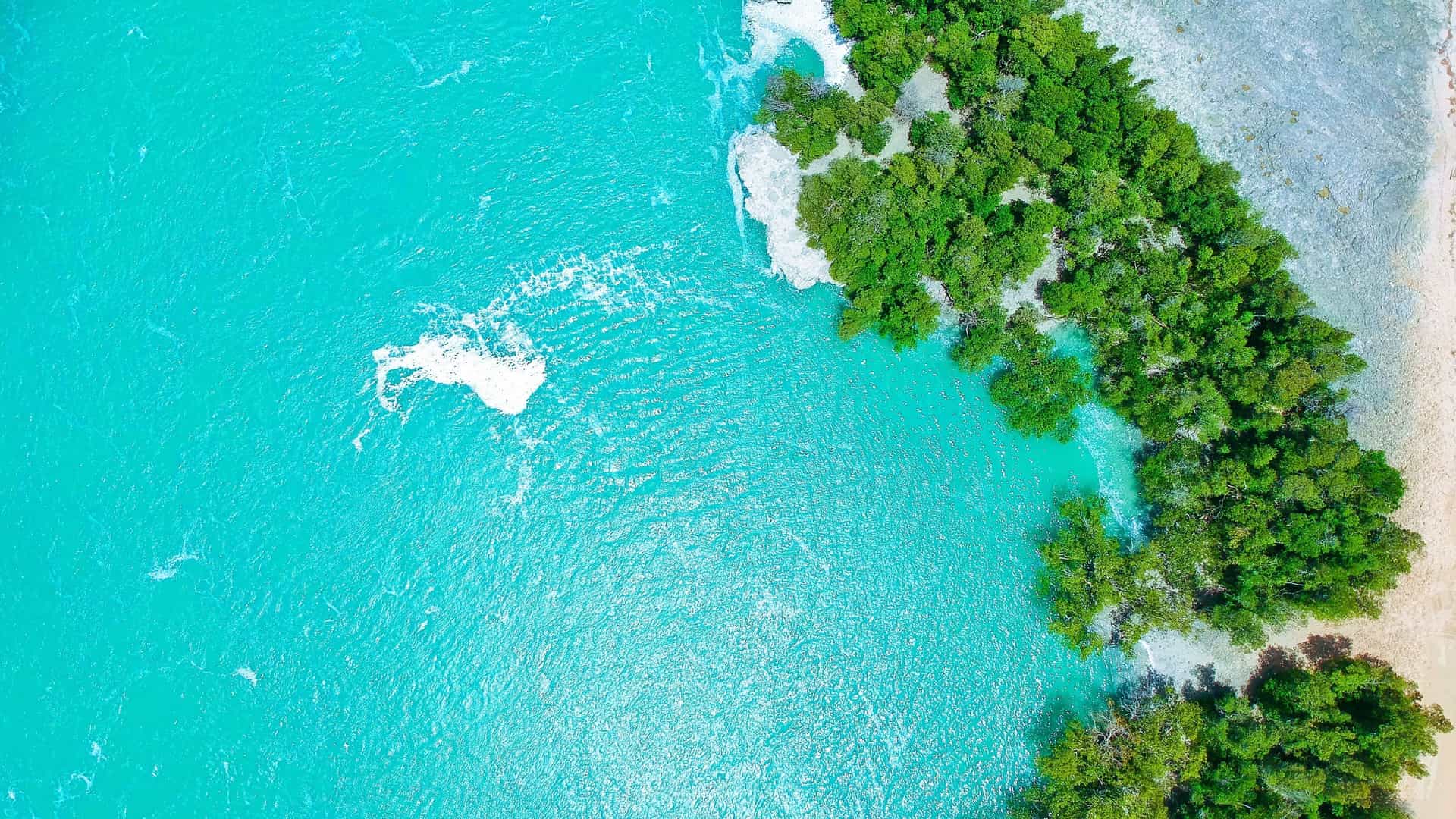  An aerial view of the Willie Creek Pearl Farm inlet in Broome, Western Australia, showing the deep turquoise and blue tidal waters winding through the red, sandy landscape and dense mangrove trees.