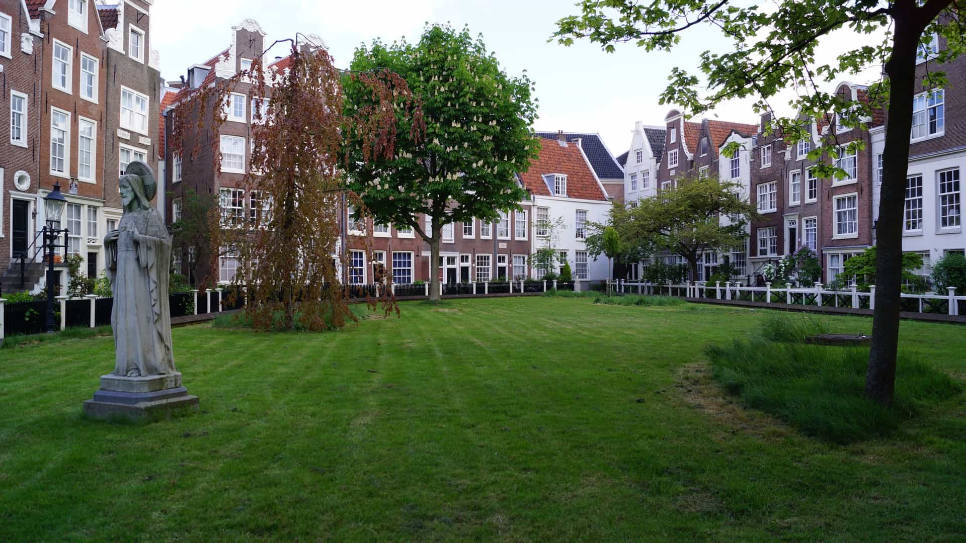 A serene view of the Begijnhof (Beguinage) in the city center of Bruges, Belgium, showing the white-washed houses surrounding a green lawn and trees, creating a tranquil courtyard.