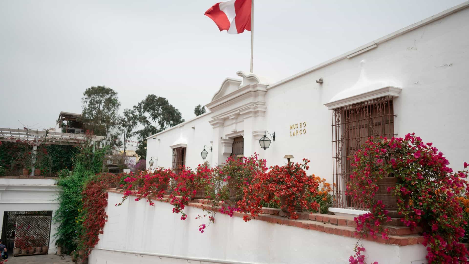 A frontal view of the stately, 18th-century vice-royal mansion that houses the Larco Museum in Lima, Peru. The facade, painted in white and yellow ochre, is centered around an arched wooden door and features colonial balconies. In the foreground, there are lush green gardens and walkways, creating a peaceful entrance to the museum's renowned collection of pre-Columbian art.