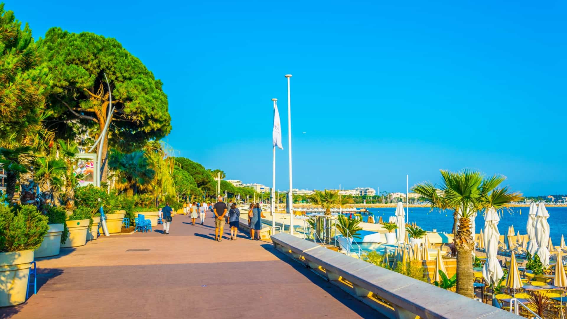A view of the famous Boulevard de la Croisette in Cannes, France, showing people strolling along the wide, palm-lined promenade which runs parallel to the beach and the Mediterranean Sea.