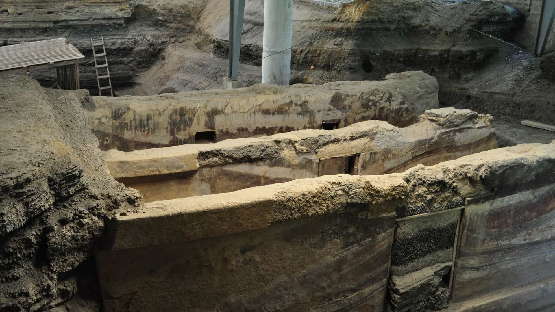 The excavated ruins of the pre-Columbian Joya de Cerén archaeological site in El Salvador, sometimes called the "Pompeii of the Americas," showing the preserved structures of an ancient Maya farming village.