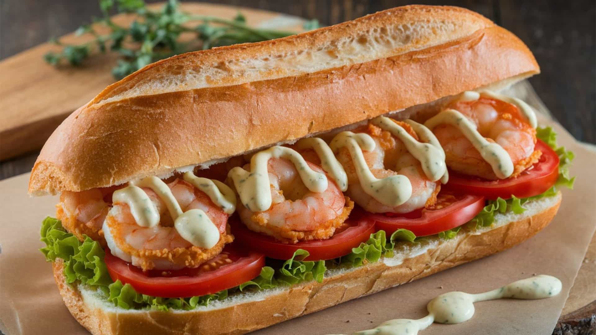 A close-up, high-angle shot of a fully stuffed Shrimp Po' Boy sandwich resting on a rustic wooden table. The sandwich, served on a piece of crusty, fresh French bread, is overflowing with crispy, golden-brown fried shrimp, shredded lettuce, and sliced tomatoes, all drizzled with a creamy, zesty sauce (remoulade or mayonnaise).