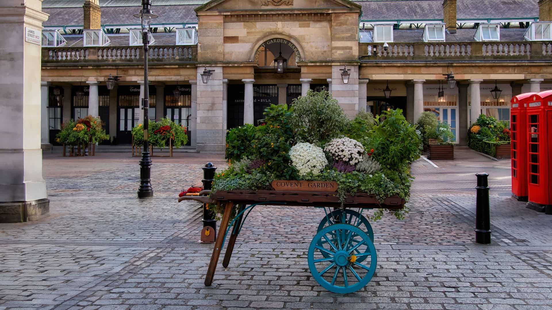 A charming, vintage wooden floral cart overflowing with vibrant pink, white, and purple flowers, likely hydrangeas and petunias, in the historic Covent Garden area of London. The cart features a large, decorative wheel and is positioned on a cobblestone street, with the background showing the neoclassical architecture and a traditional red telephone box, capturing the market's quaint, lively atmosphere.