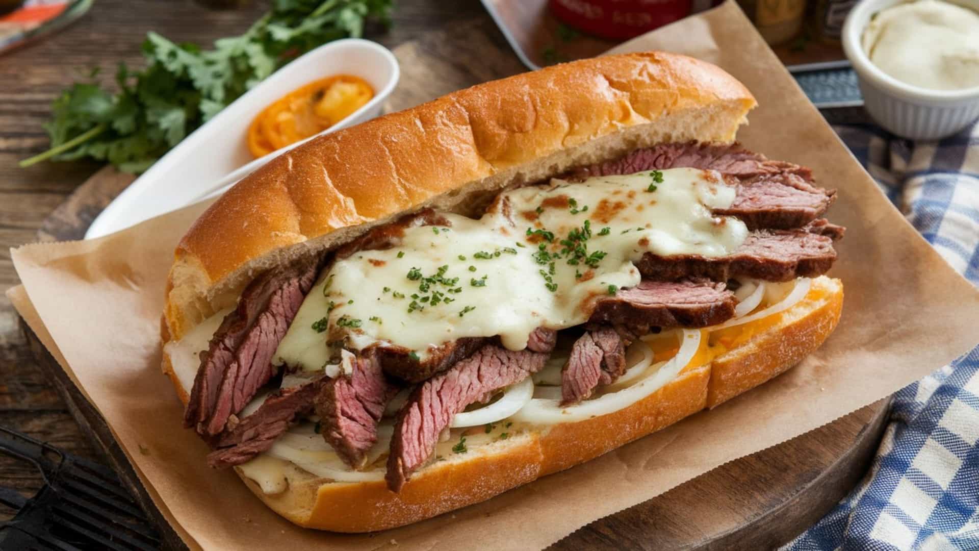 A close-up of a classic Philly Cheesesteak, a mouthwatering sandwich featuring thinly sliced, grilled ribeye beef generously piled into a long, crusty Italian roll. The beef is covered in a layer of gooey, melted cheese (either Cheez Whiz or Provolone) and topped with caramelized onions. The sandwich is cut in half and wrapped in paper, showcasing its rich, meaty, and cheesy interior.