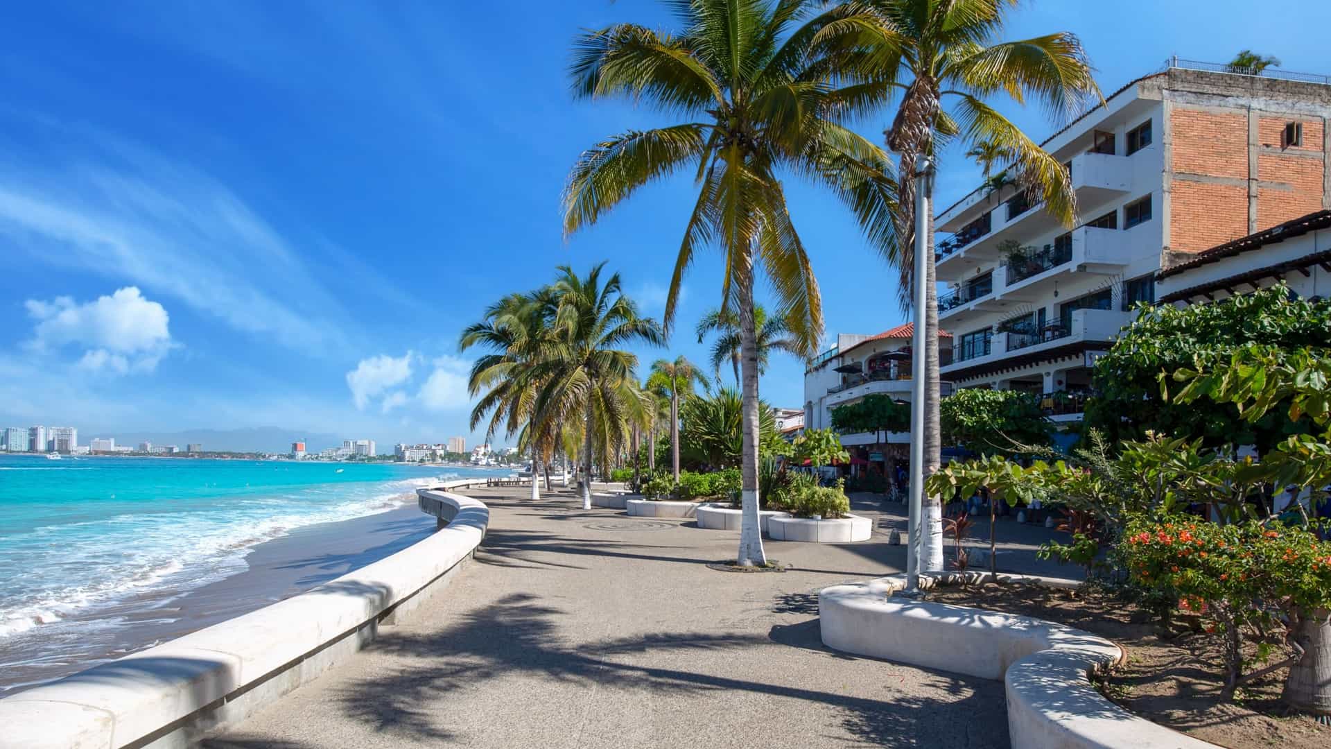 A bright, daytime photograph of El Malecón, the beachfront promenade in Puerto Vallarta, Mexico. The foreground features the wide, paved walkway lined with modern sculptures and palm trees. Beyond the walkway, the Pacific Ocean and a sandy beach are visible, with the colorful, tiled roofs and buildings of the town climbing the hillsides in the background.