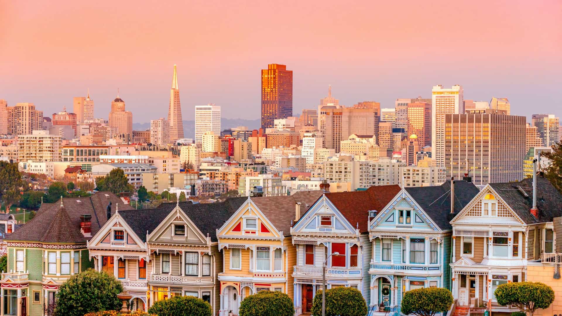 A classic postcard view of the "Painted Ladies," a row of colorful, ornate Victorian houses on Steiner Street, set against the backdrop of the modern San Francisco downtown skyline and skyscrapers. The photograph is taken from the sloping lawn of Alamo Square Park on a sunny day.