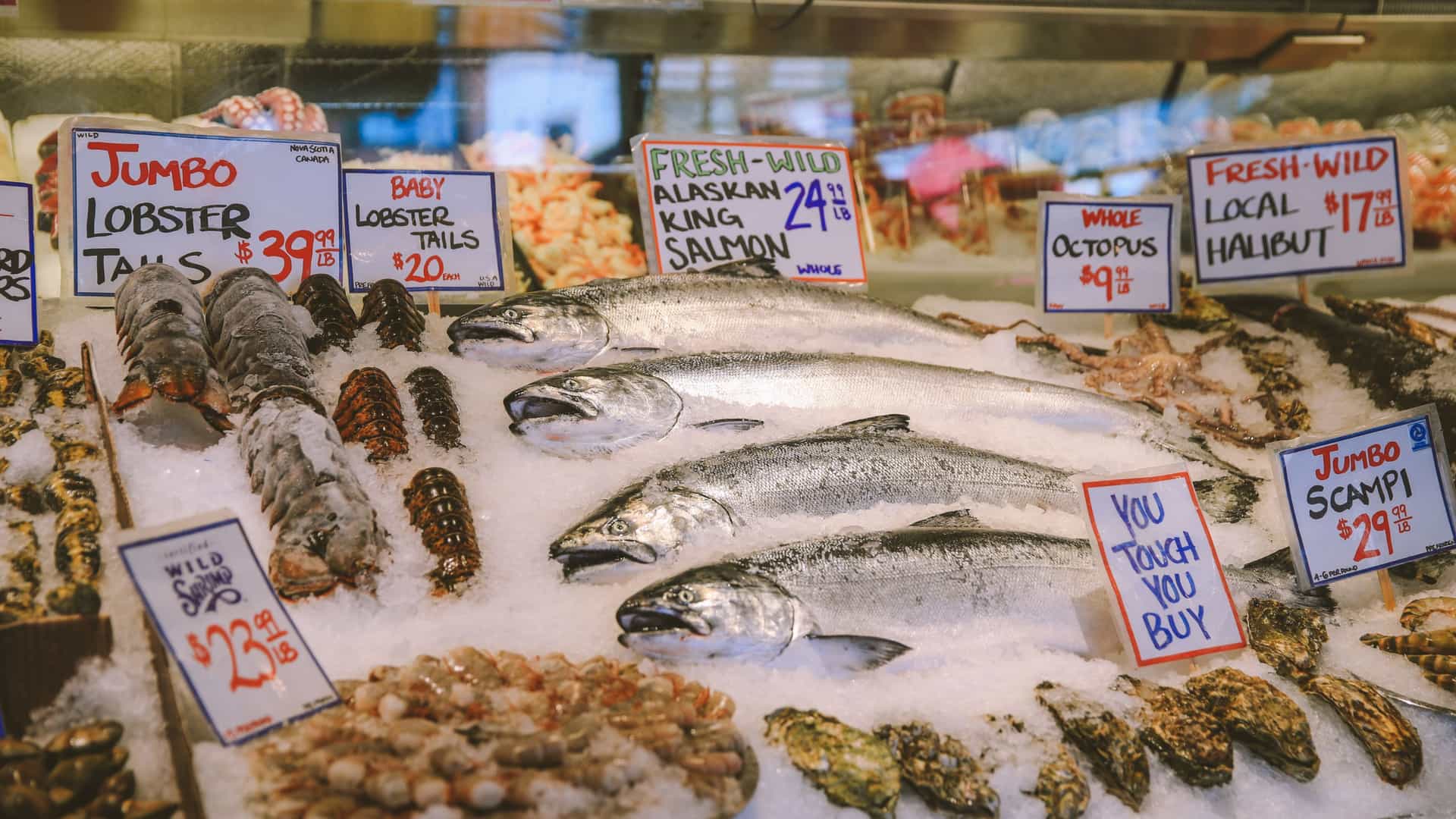 A brightly lit, close-up view of a seafood counter at the Pike Place Fish Market in Seattle. Various fresh seafood, including whole King Salmon (Chinook Salmon) and other fish with silvery skin, are displayed on a thick bed of crushed ice. The environment is bustling, representing the iconic fish market known for its "flying fish" tradition.