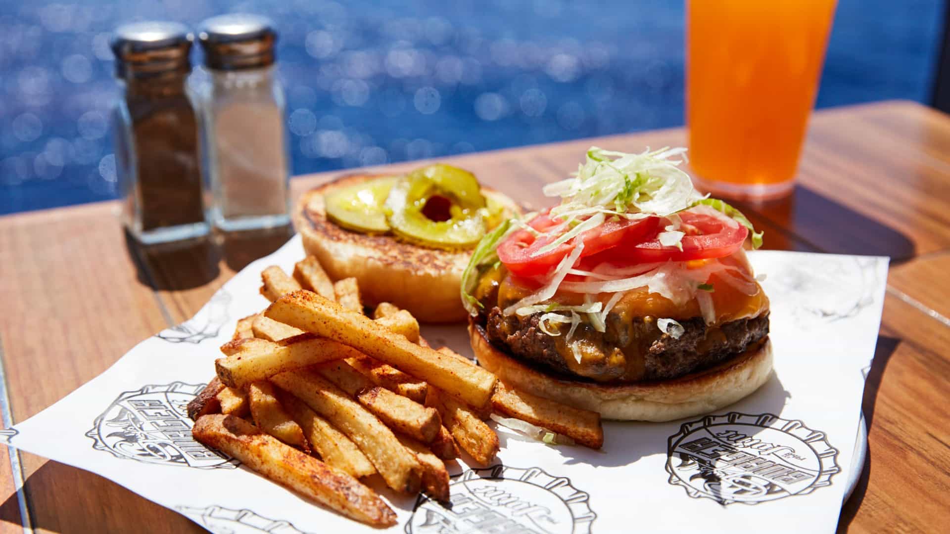 A hamburger and fries at Guy's Burger Joint on a Carnival cruise.
