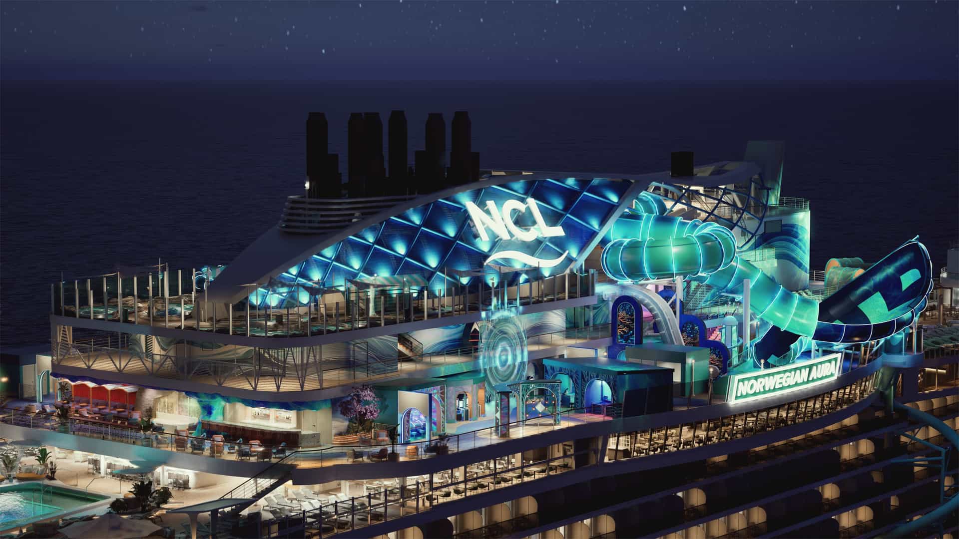 A nighttime exterior rendering of the Norwegian Aura cruise ship glows with vibrant blue lighting, highlighting its illuminated NCL logo, water slides, and open-air decks.