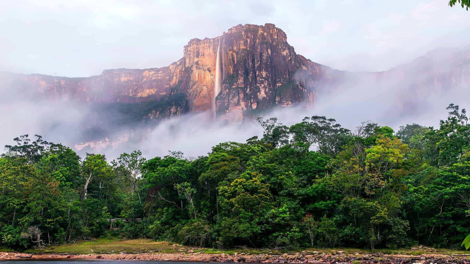 A breathtaking view of the world's tallest waterfall, Angel Falls, cascading down a towering Auyán-tepui cliff face in Venezuela's lush Canaima National Park, surrounded by dense jungle.