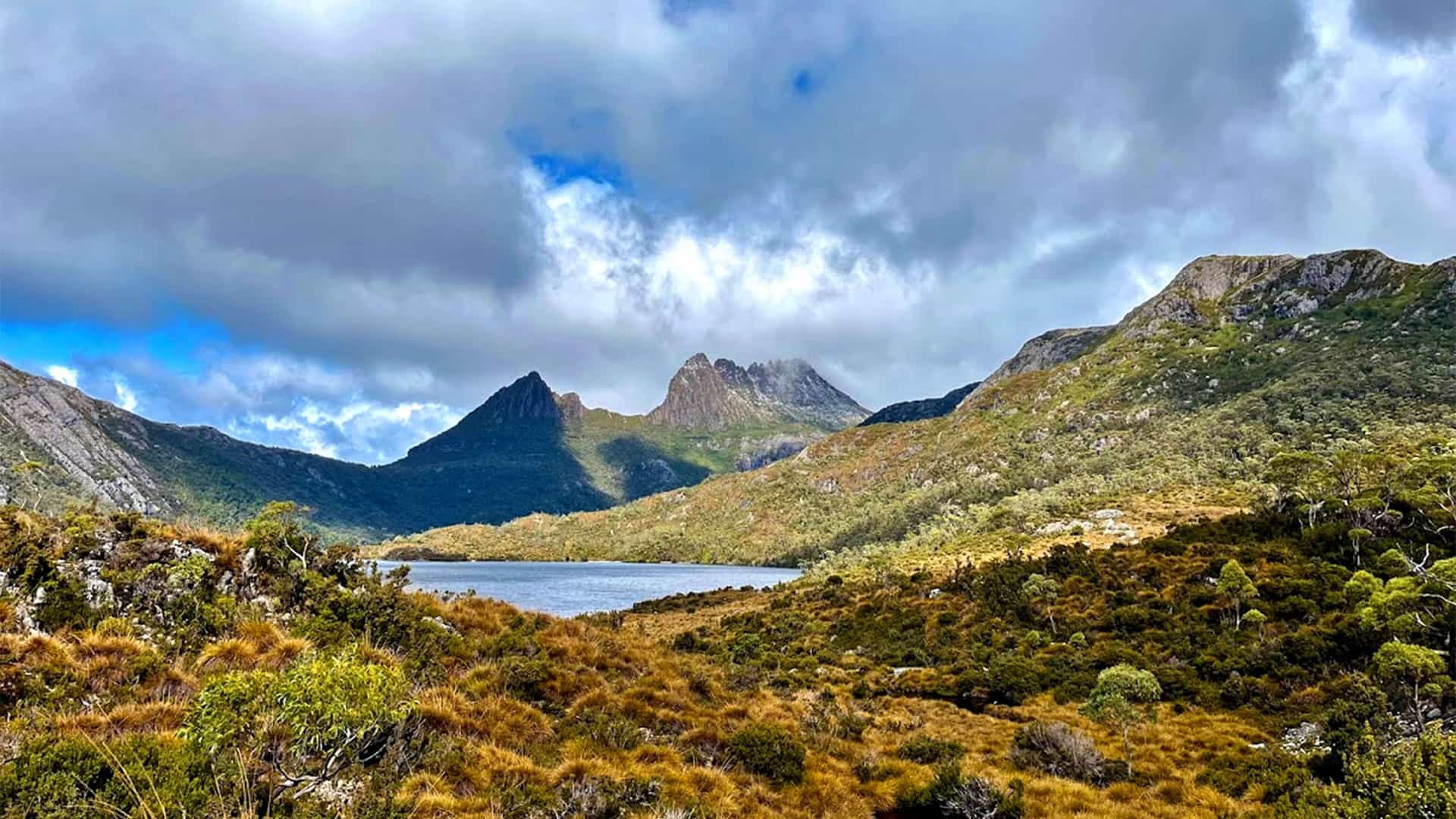 "A panoramic view of the iconic Cradle Mountain in Tasmania, Australia, with its jagged peaks partially covered by clouds, overlooking the calm waters of Dove Lake and surrounded by alpine vegetation.  "