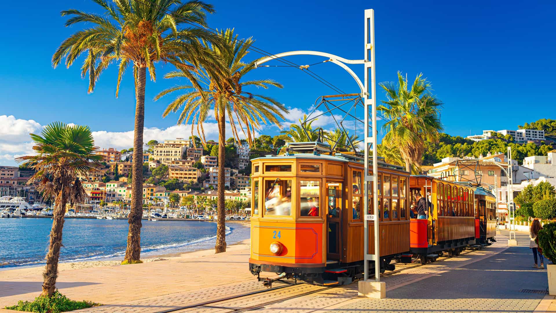 A historic orange trolley travels along a scenic waterfront promenade lined with palm trees and a sandy beach in Port de Sóller, Mallorca.