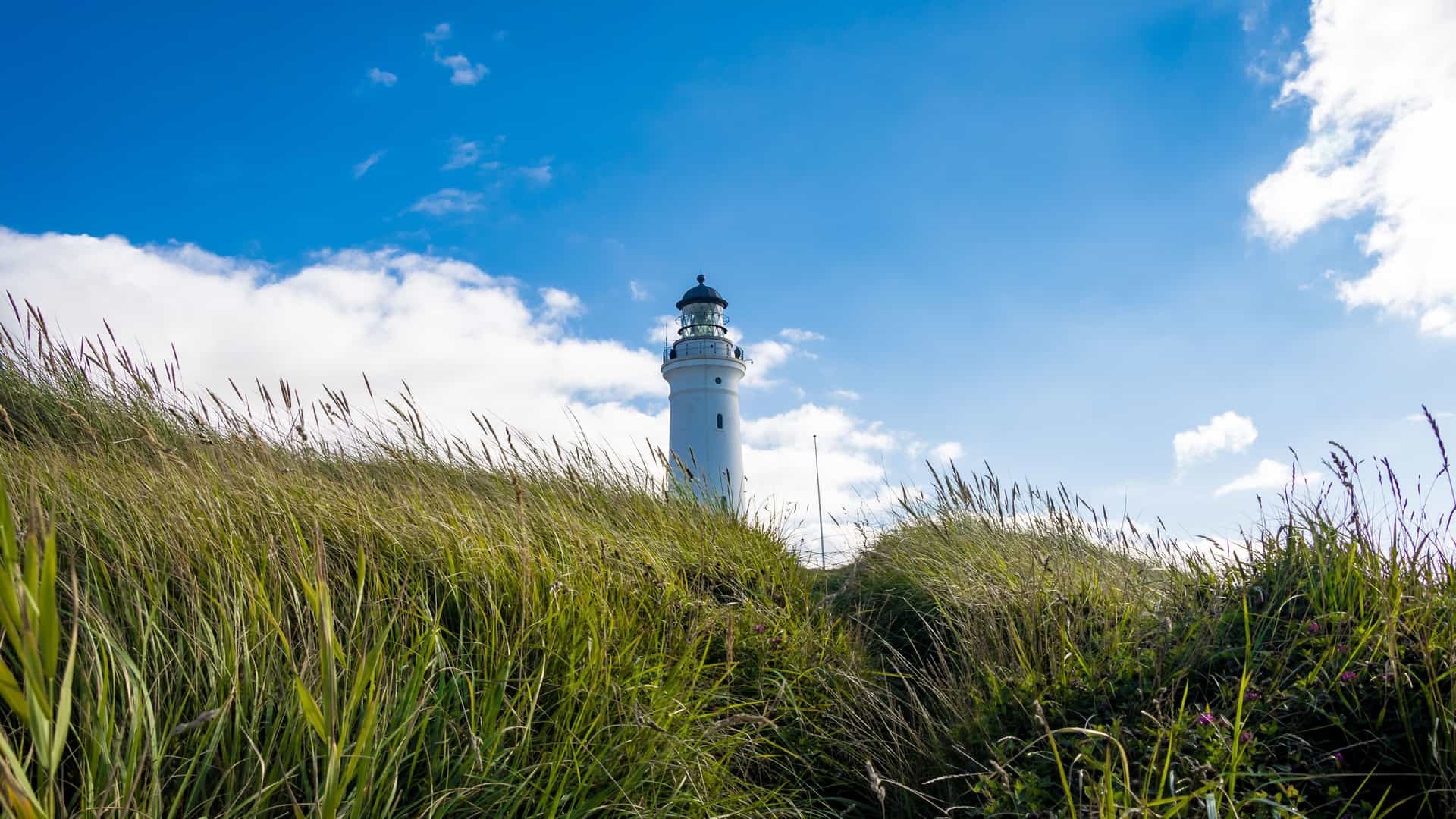 "A classic shot of the Frederikshavn lighthouse, also known as the White Lighthouse, emerging from a grassy dune on the coast of Denmark under a blue sky with scattered clouds.  "
