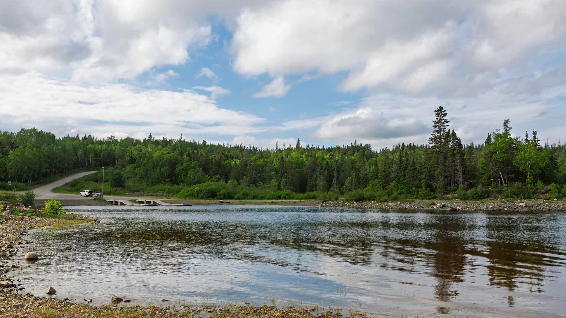"A tranquil landscape view in Gander, Newfoundland and Labrador, showing a calm body of water reflecting a lush green forest under a partly cloudy summer sky.  "