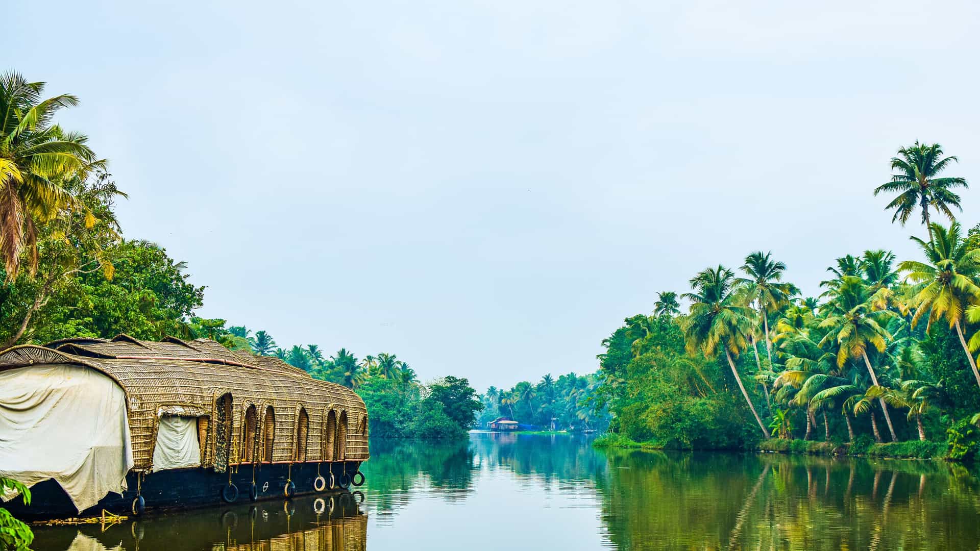 "A scenic view of a traditional houseboat on the tranquil backwaters of Kumarakom, Kerala, India, with lush palm trees and tropical vegetation lining the banks.  "