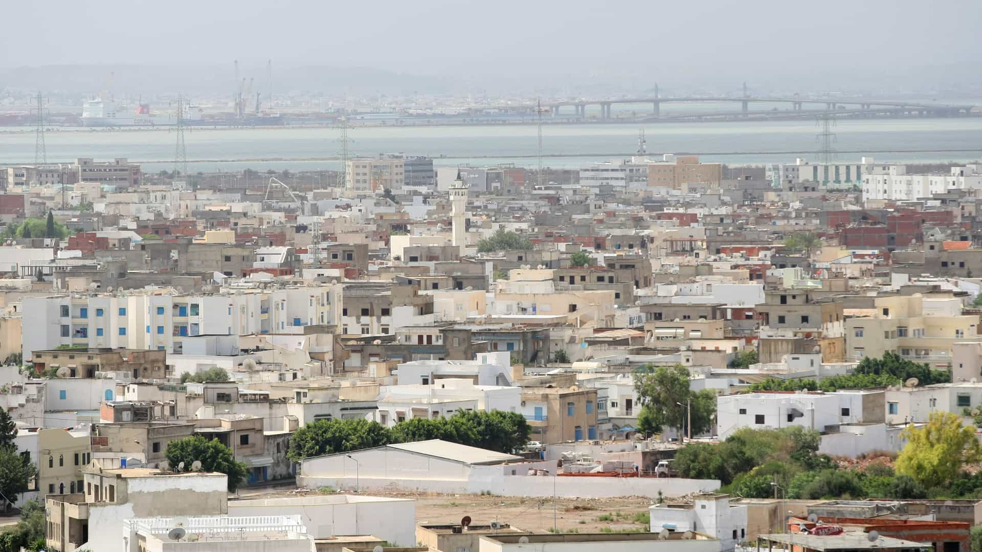 An extensive aerial shot of the port city of La Goulette, Tunisia, with dense white buildings and a central minaret, a vibrant urban landscape on the Mediterranean coast.