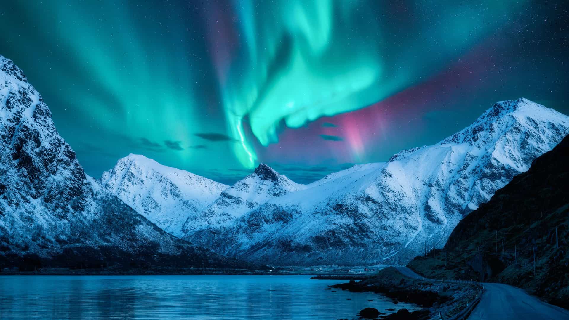 A beautiful Northern Lights display with vibrant green and pink lights illuminating the night sky above a tranquil fjord and snow-covered mountains in the Norwegian Inside Passage.
