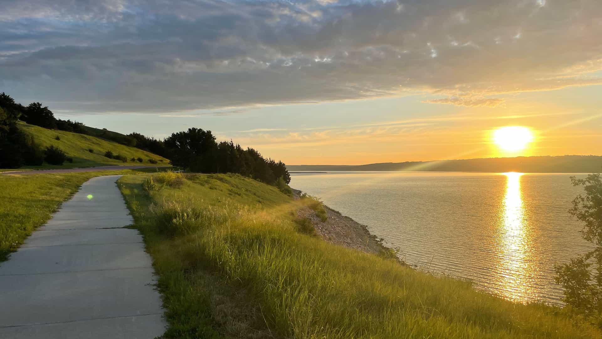 "A sunset shot of a walking path along the bluffs of Lake Francis Case, a reservoir on the Missouri River near Oacoma, South Dakota.  "