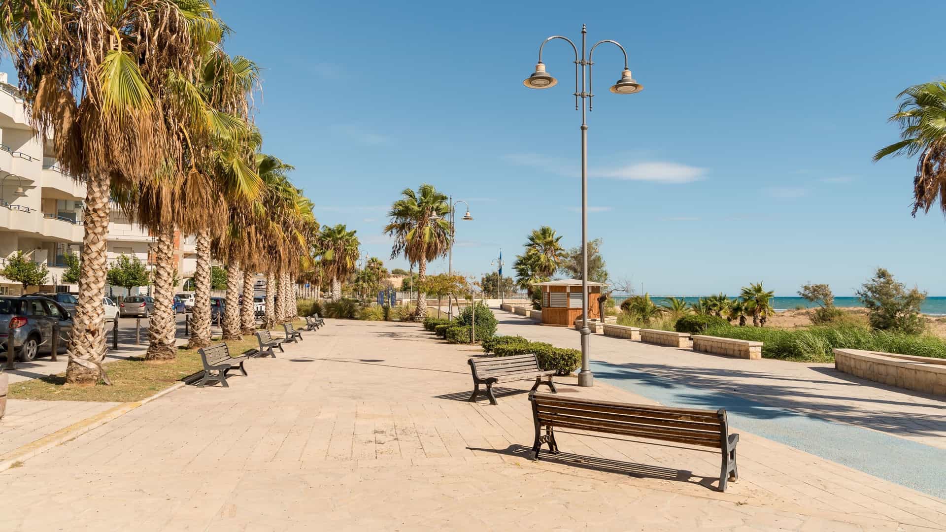 A quiet sunny day on the Pozzallo boardwalk in Sicily, with a row of palm trees, benches, and the Mediterranean Sea visible in the distance.