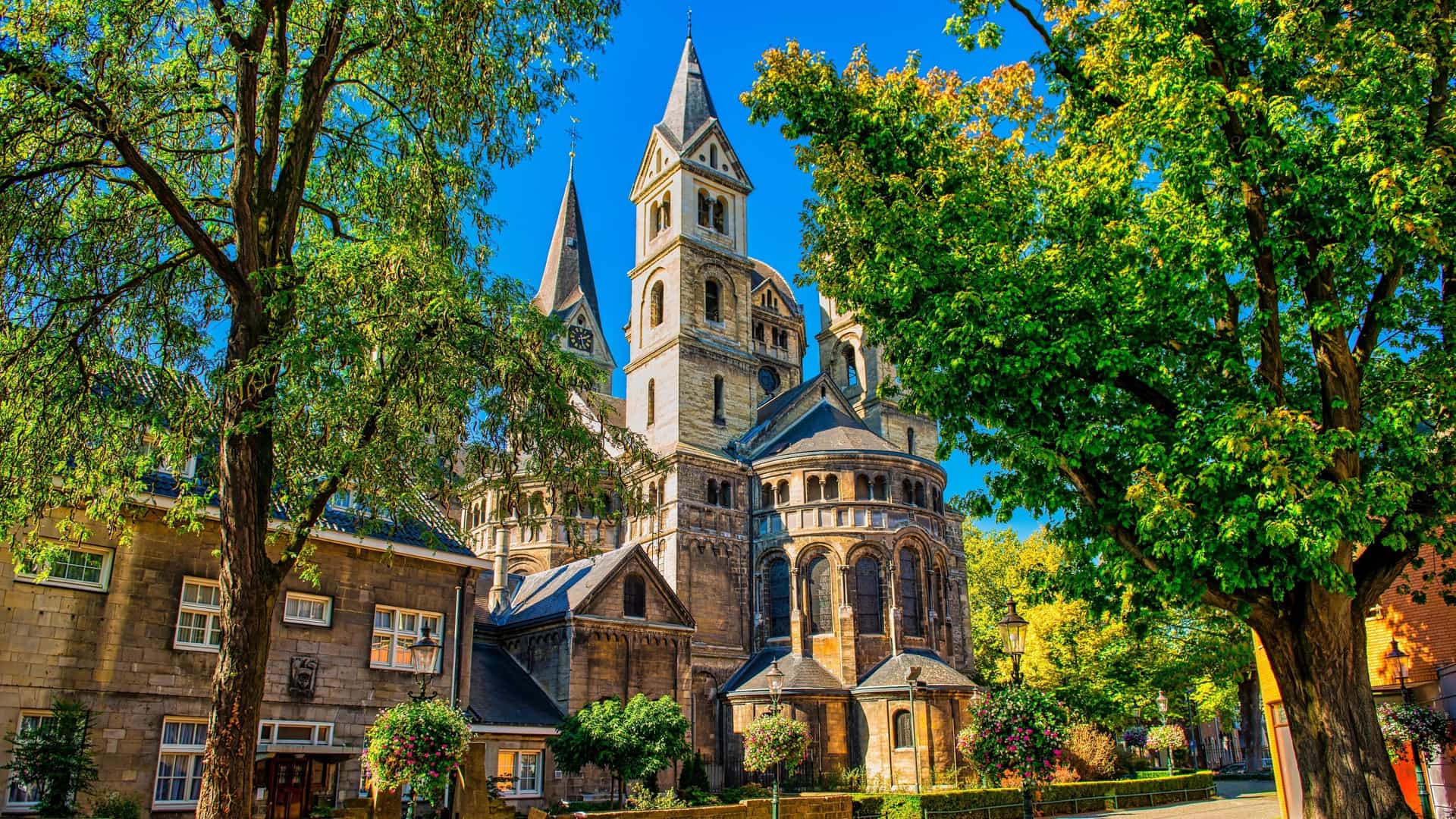 A historic view of the Roermond Minster church, a Romanesque basilica with multiple spires, surrounded by green trees and traditional brick buildings in the Netherlands.