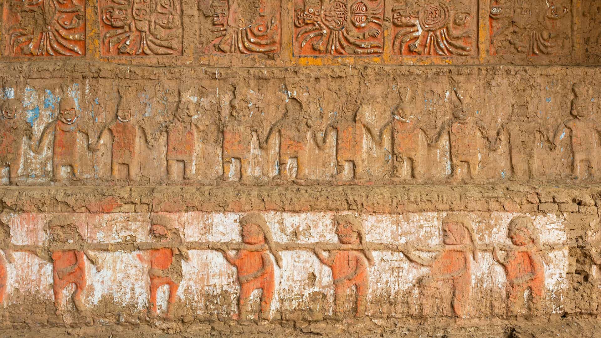 "A close-up view of the ancient Moche civilization's art and detailed clay frieze at the Huaca de la Luna archaeological site near Salaverry, Peru.  "