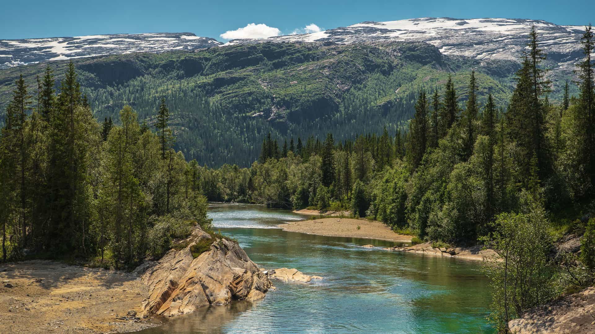 A serene view of a clear blue river flowing through a lush green valley in Svartisen, Norway, with snow-capped mountains in the background under a blue sky.