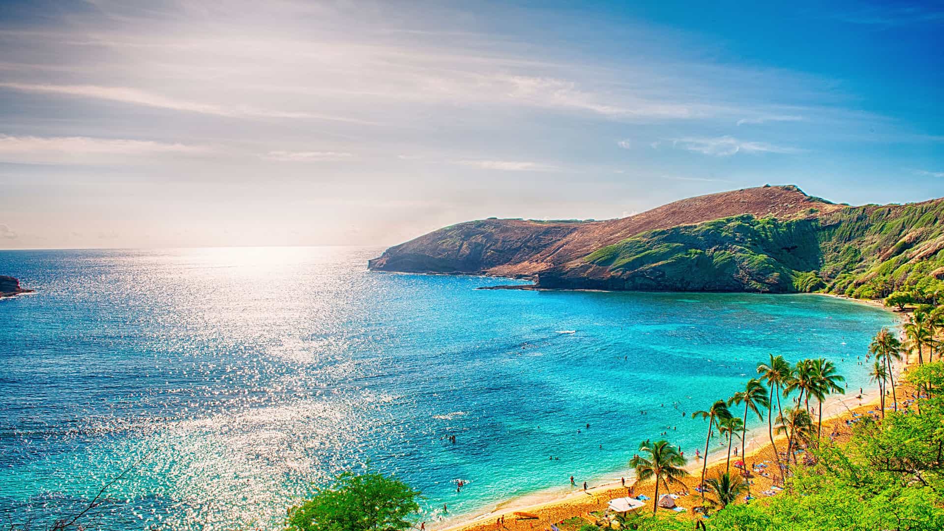 "A scenic view of a beautiful turquoise bay with palm trees on the beach, surrounded by lush green hills, with the sun's reflection sparkling on the calm water of the Hawaiian coast.  "