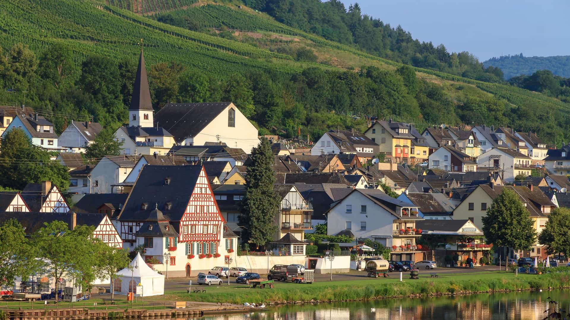 A panoramic view of the picturesque town of Zell along the Moselle River in Germany, with traditional half-timbered houses and a church steeple nestled beneath steep, vineyard-covered hills.