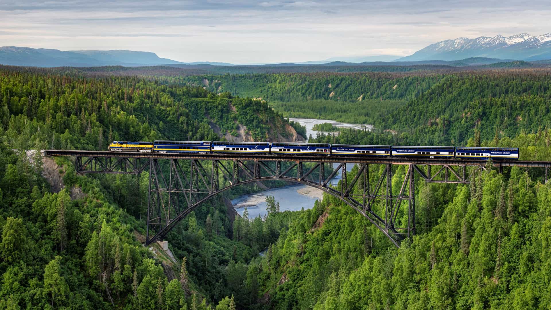 A wide aerial shot of a Princess rail train rolling through the vast Alaska forest of evergreens, high above a passage way, with snow-topped mountains in the background.