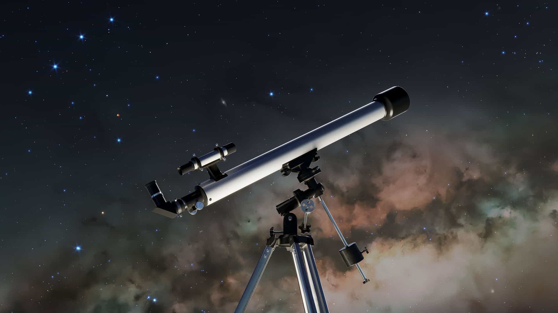A large, silver telescope points up at a starry night sky, with a colorful nebula visible in the background. The telescope is on a tripod, positioned against a backdrop of countless bright stars. The image suggests a repositioning of perspective, focusing on a new, wider view of the universe.
