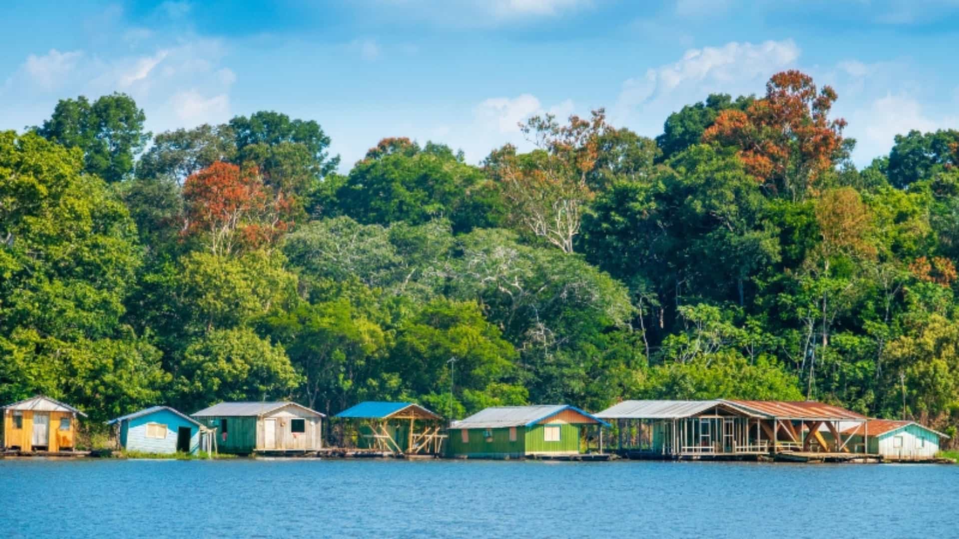 A view of a line of colorful houses built on stilts along the bank of a wide, calm South American river, likely the Amazon. The houses are made of wood with various colored walls and metal or thatched roofs. Behind the houses, the dense green canopy of the Amazon rainforest rises under a bright, blue sky dotted with fluffy white clouds. The scene captures the unique way of life for communities living along the river in the Amazon region.