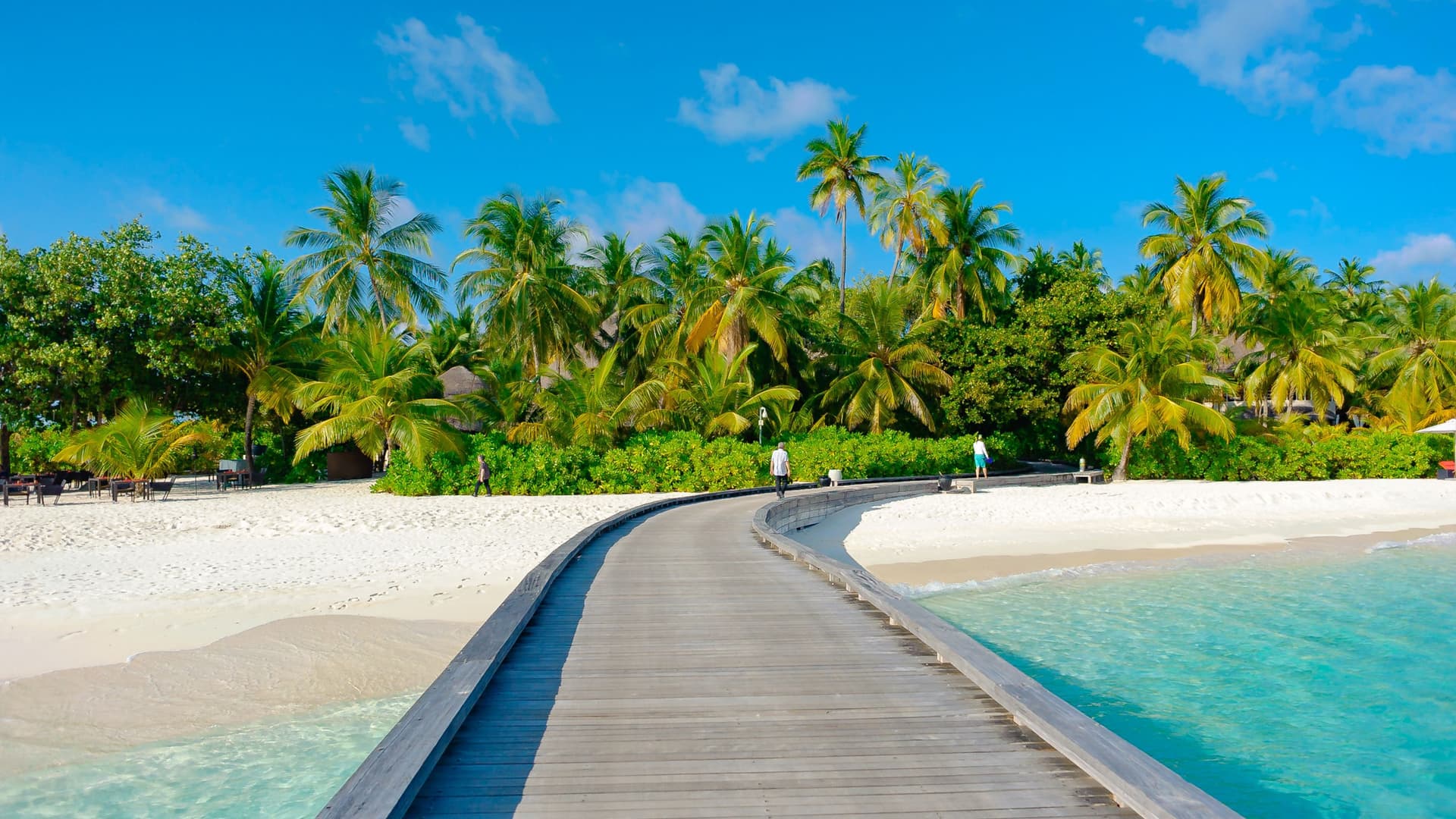 A wooden deck leading to a relaxing private island in The Bahamas.