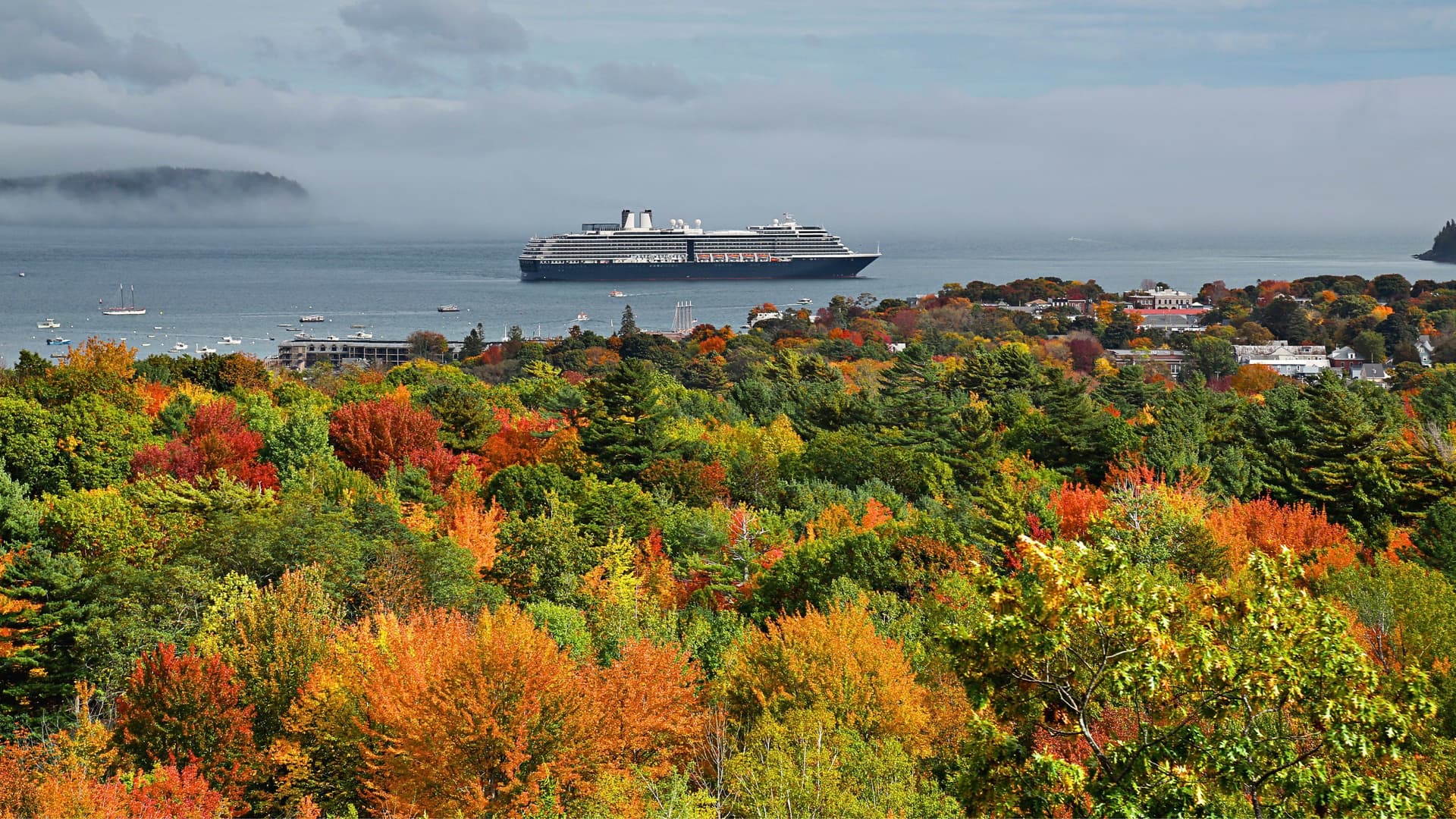 Bright orange fall foliage in Maine with a cruise ship sailing in the background.