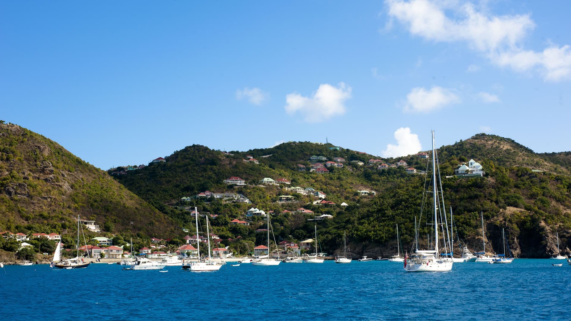 A panoramic view of Gustavia, Saint Barthélemy, featuring a bay filled with luxury yachts and sailboats, framed by lush, green hillsides dotted with houses.