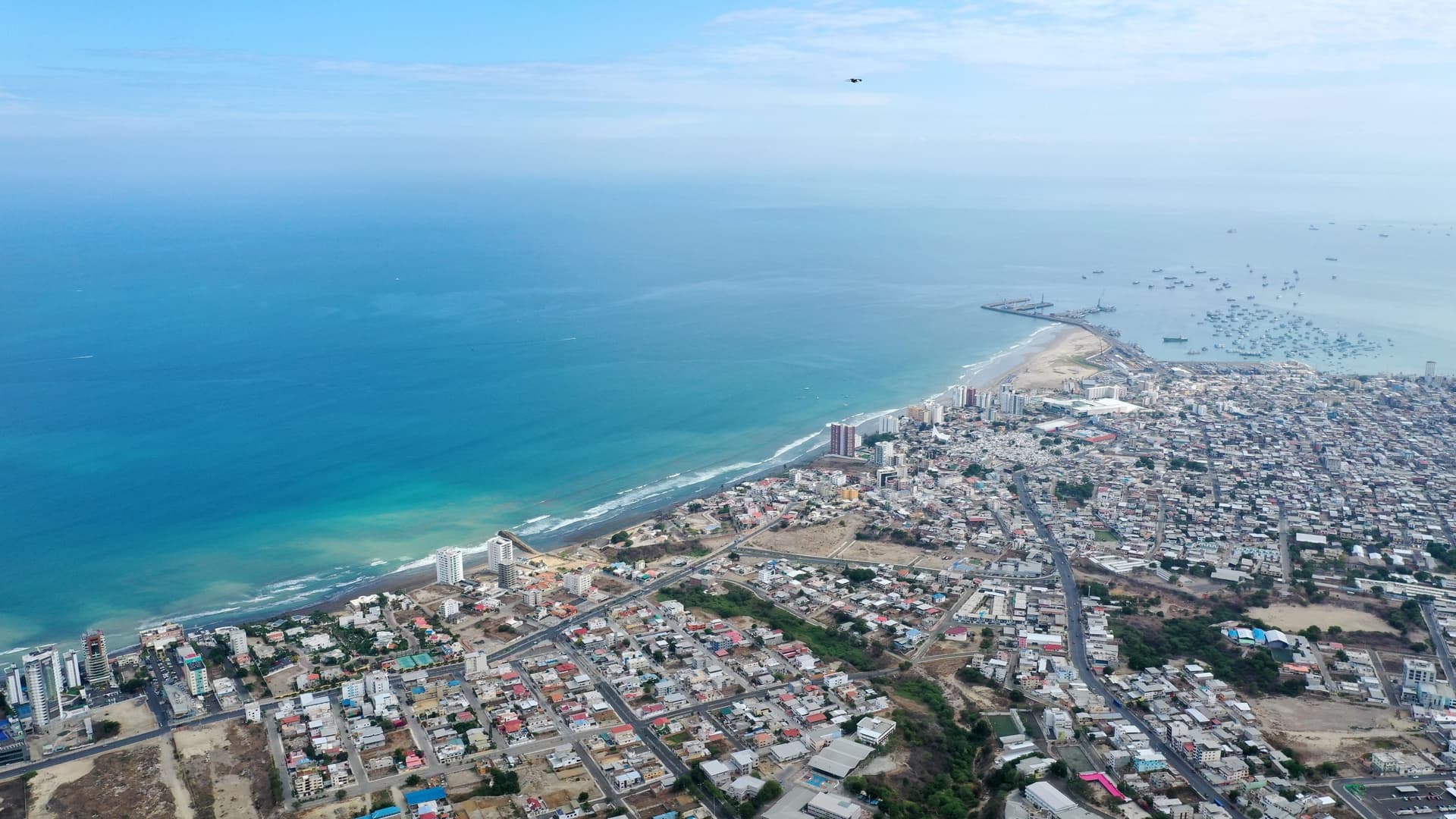 A high-altitude aerial view of a sprawling coastal city with dense housing along a turquoise ocean and a busy harbor filled with boats.