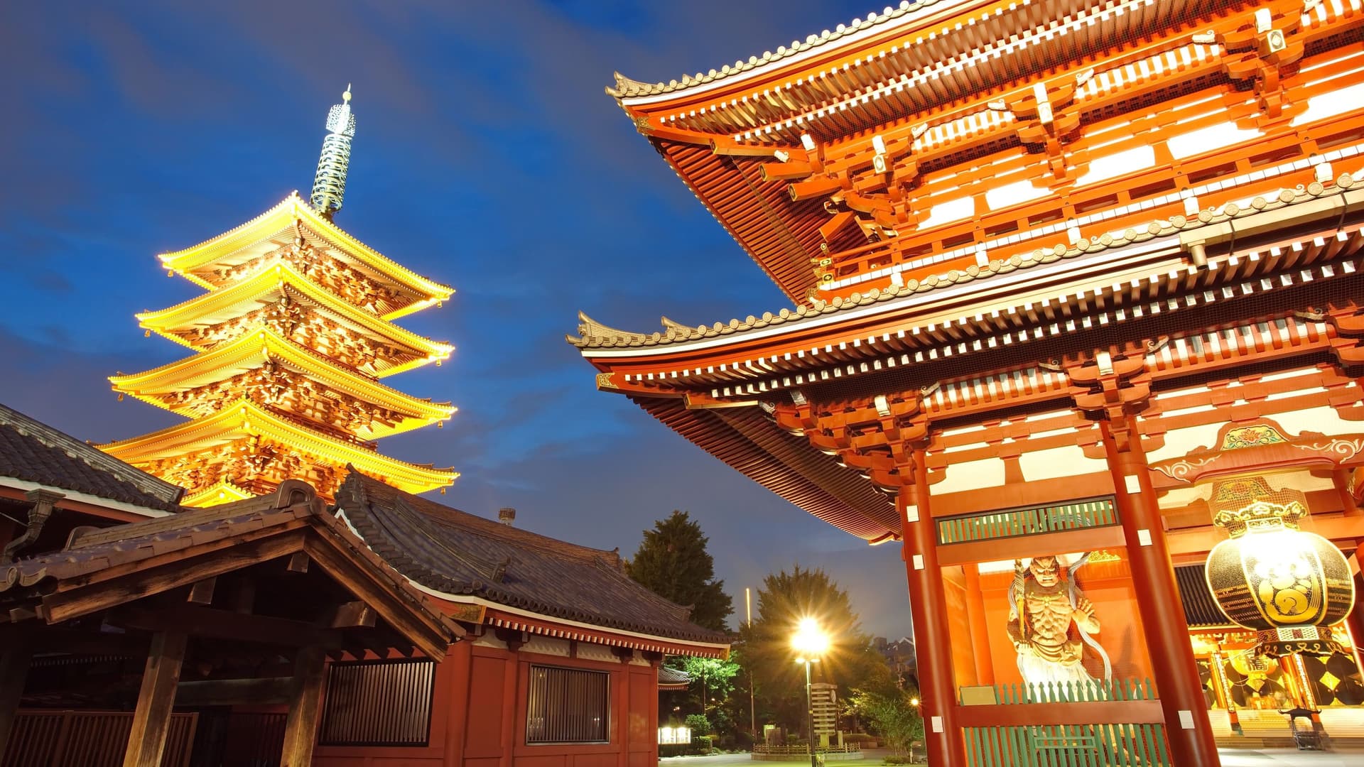 Sensoji Temple and pagoda illuminated at night in Tokyo, Japan.
