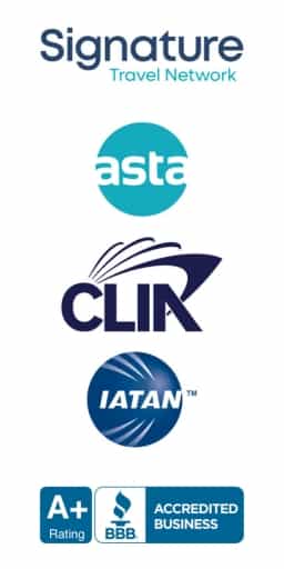 Vertical stack of Logos for accreditation from Signature travel network, ASTA, CLIA, IATAN, and Better Business Bureau.
